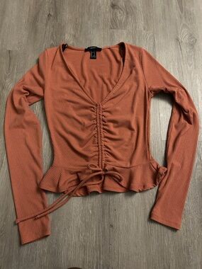 Forever 21 Rust Ribbed V-Neck Cinched Peplum Long Sleeve Top